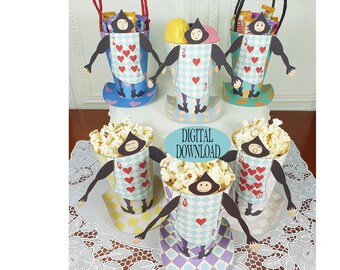 Decorazione Alice nel Paese delle Meraviglie, Set da 6, Modello per Borsa Bomboniera da 4,7" con Motivo Unico, Scatola per Popcorn, Tea Party del Cappellaio Matto, SB1h