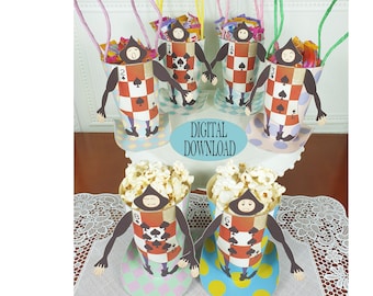Decorazione Alice nel Paese delle Meraviglie, Set da 6, Modello per Borsa Bomboniera da 4,7" con Motivo Unico, Scatola per Popcorn, Tea Party del Cappellaio Matto, SB1s