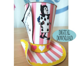 Alice in Wonderland Decoration, 3" Mad Hatter Mini Top Hat Template Including Unique Pattern, Pink Striped, Soldier, Tea Party, Sw1A