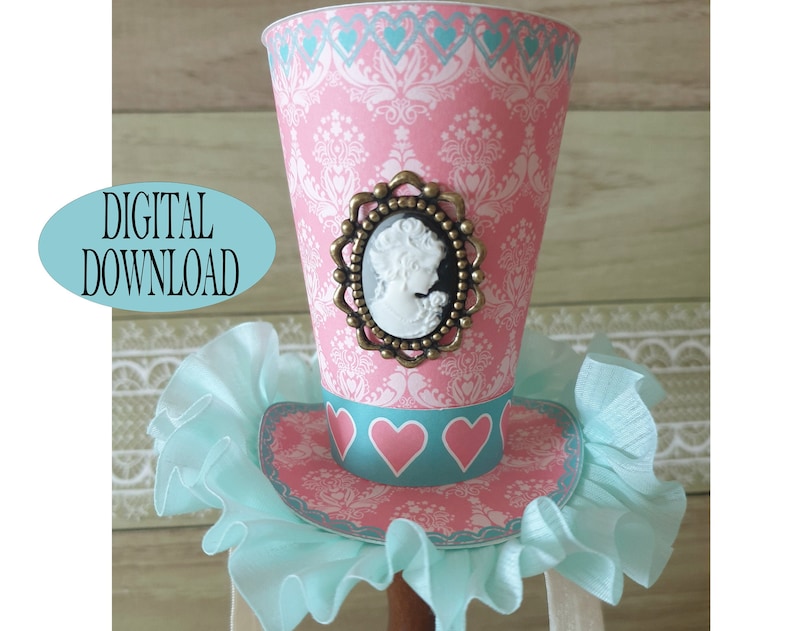 Alice in Wonderland Decoration 35 Mad Hatter Mini Top Hat Template Including Unique Pattern Pink Floral Tea Party Birthday