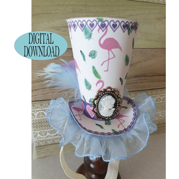 Alice in Wonderland Decoration, 3.5" Mad Hatter Mini Top Hat Template Including Unique Pattern, Flamingos, Whimsical, Tea Party, Oj1A