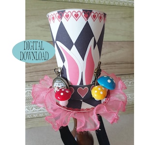 Alice in Wonderland Decoration, 3.5&quot; Mad Hatter Mini Top Hat Template Including Unique Pattern, Bunny Ears, Whimsical, Tea Party, Oj1A