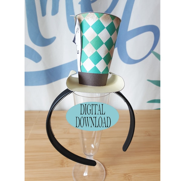 Alice in Wonderland Decoration, 3" Mad Hatter Mini Top Hat Template Including Unique Pattern, Green Checkered, Tea Party, Favor, Zh1A