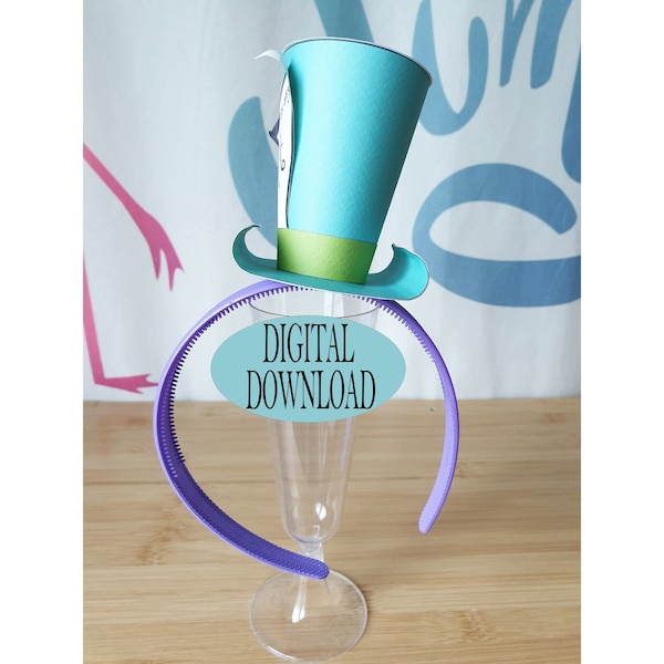 Alice in Wonderland Decoration, 3" Mad Hatter Mini Top Hat Template Including Unique Pattern, Sky Blue Plain, Tea Party, Favor, Ph1A