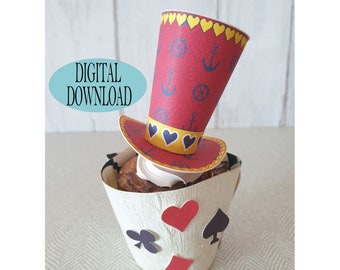 Alice in Wonderland Decoration, 2" Mad Hatter Mini Top Hat Template Including Unique Pattern, Wheel Cup Cake Topper, Tea Party,  Ct1A