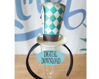 Alice in Wonderland Decoration, 3" Mad Hatter Mini Top Hat Template Including Unique Pattern, Green Checkered, Tea Party, Favor, Zh1A