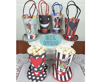Decorazione Alice nel Paese delle Meraviglie, set da 6, modello di sacchetti per bomboniere da 4,7" con motivo unico, scatola di popcorn, Tea Party del Cappellaio Matto, FB1A