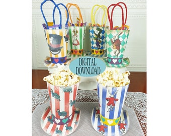 Decorazione Alice nel Paese delle Meraviglie, Set da 6, Modello per Borse Bomboniere da 4,7" con Motivo Unico, Scatola per Popcorn, Tea Party del Cappellaio Matto, FB2B