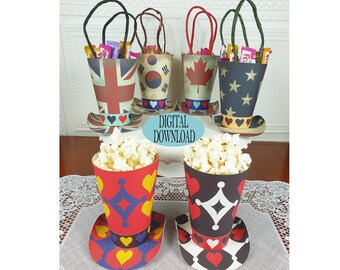 Decorazione Alice nel Paese delle Meraviglie, Set da 6, Modello per Borse Bomboniere da 4,7" con Motivo Unico, Scatola per Popcorn, Tea Party del Cappellaio Matto, FB3C