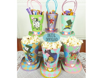 Decorazione Alice nel Paese delle Meraviglie, set da 6, modello di sacchetti per bomboniere da 4,7" con motivo unico, scatola di popcorn, Tea Party del Cappellaio Matto, FB4D