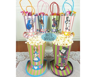 Decorazione Alice nel Paese delle Meraviglie, set da 6, modello di sacchetti per bomboniere da 4,7" con motivo unico, scatola di popcorn, Tea Party del Cappellaio Matto, FB5E