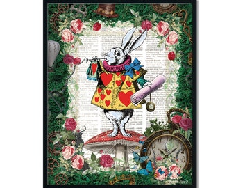Alice in Wonderland Decoration, Book Poster, Dictionary Art Print, Printable Wall Art, Mad Hatter Tea Party, Rabbit, Trumpet, Favor, Jpg
