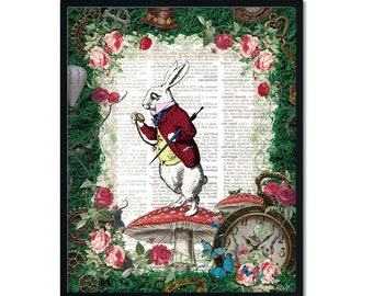 Alice in Wonderland Decoration, Book Poster, Dictionary Art Print, Printable Wall Art, Mad Hatter Tea Party, Rabbit, Clock, Favor, Jpg