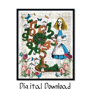 Alice in Wonderland Decoration, Book Poster, Printable Wall Art, Mad Hatter Tea Party, Clock Tree, Nursery Room, Digital Print, Jpg