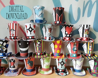 Decorazione Alice nel Paese delle Meraviglie, Set di 20, Mini Cappello a cilindro da 7,6 cm Cappellaio Matto con motivo unico, Compleanno, Bomboniera per il Tea Party, Vivido