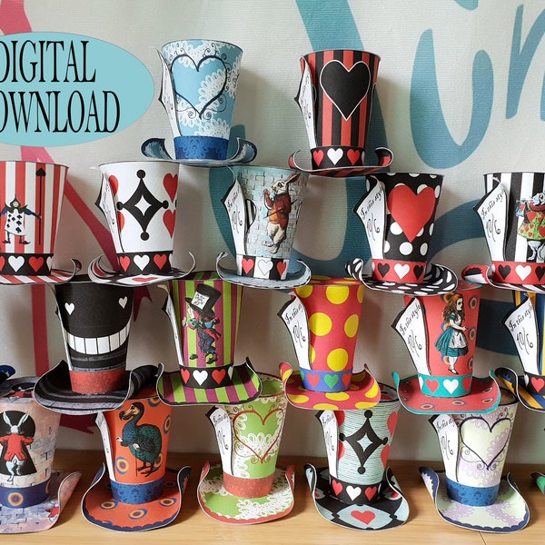 Alice in Wonderland Decoration, Set of 20, 3" Mad Hatter Mini Top Hat Template Including Unique Pattern, Birthday, Tea Party Favor, Vivid