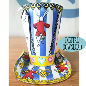 Alice in Wonderland Decoration, 3&quot; Mad Hatter Mini Top Hat Template Including Unique Pattern, Running Rabbit Striped, Tea Party, Gs3C