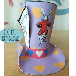 Alice in Wonderland Decoration, 3&quot; Mad Hatter Mini Top Hat Template Including Unique Pattern, Running Rabbit, Tea Party, Favor Sw1A