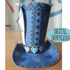 Alice in Wonderland decoratie, 3" Mad Hatter Mini Top Hat sjabloon inclusief uniek patroon, blauwe bloemen Goth, Tea Party, gunst, Gs1A