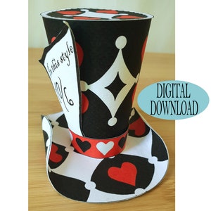 Alice in Wonderland Decoration, 3" Mad Hatter Mini Top Hat Template Including Unique Pattern, Black Queen Heart, Tea Party, Favor, Os3C