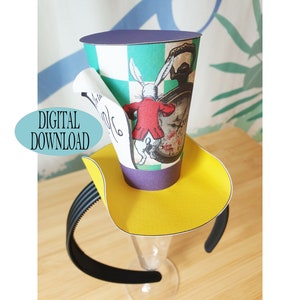 Alice in Wonderland Decoration, 3&quot; Mad Hatter Mini Top Hat Template Including Unique Pattern, Watch & Rabbit, Tea Party, Favor, Zh1A