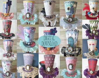 Alice in Wonderland Decoration, Set of 20, 3.5" Mad Hatter Mini Top Hats Template Including Unique Pattern, Whimsical, Tea Party Favor