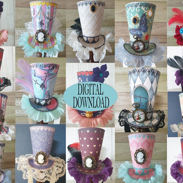 Alice in Wonderland Decoration, Set of 20, 3.5" Mad Hatter Mini Top Hats Template Including Unique Pattern, Whimsical, Tea Party Favor