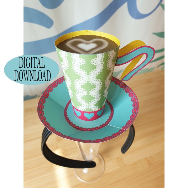 Alice in Wonderland Decoration, 3" Tea Cup Hat Template Including Unique Pattern, Green Floral, Mad Hatter Tea Party, Pastel Rainbow, Rt