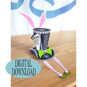 Alice in Wonderland Decoration, 3&quot; Tall Hat Body Template, Mad Hatter Hat with Bunny Ears & Alice&#39;s Legs, 2nd Fairy, Tea Party