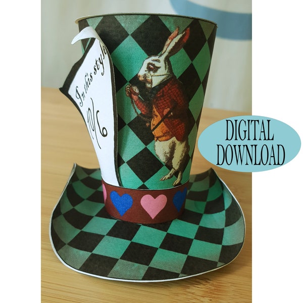 Alice in Wonderland Decoration, 3" Mad Hatter Mini Top Hat Template Including Unique Pattern,  Mint Checkered, Tea Party, Os3C