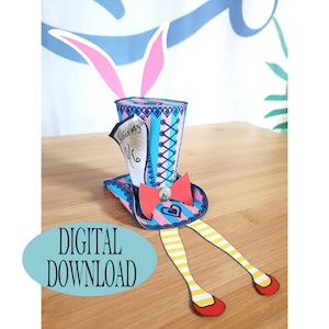 Alice in Wonderland Decoration, 3&quot; Tall Hat Body Template, Mad Hatter Hat with Bunny Ears & Alice&#39;s Legs, 14th Fairy, Tea Party