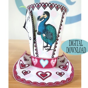 May include: Printable papercraft hat featuring a dodo bird from Alice in Wonderland. The hat is white with pink and red hearts and a red and white striped band. The dodo bird is blue and green with a cane.