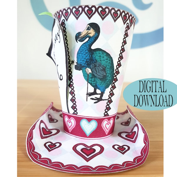 Alice in Wonderland Decoration, 3" Mad Hatter Mini Top Hat Template Including Unique Pattern, Dodo Bird, Magenta Lace, Tea Party, Gs3C