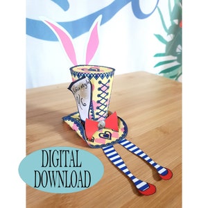 Alice in Wonderland Decoration, 3" Tall Hat Body Template, Mad Hatter Hat with Bunny Ears & Alice's Legs, 16th Fairy, Tea Party