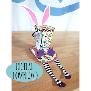 Alice in Wonderland Decoration, 3" Tall Hat Body Template, Mad Hatter Hat with Bunny Ears & Alice's Legs, 17th Fairy, Tea Party