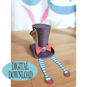 Alice in Wonderland Decoration, 3" Tall Hat Body Template, Mad Hatter Hat with Bunny Ears & Alice's Legs, 1st Fairy, Tea Party