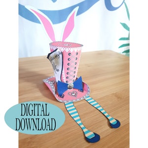 Alice in Wonderland Decoration, 3" Tall Hat Body Template, Mad Hatter Hat with Bunny Ears & Alice's Legs, 9th Fairy, Tea Party