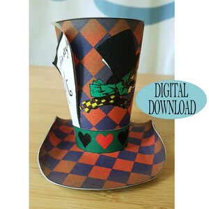 Decoración de Alicia en el País de las Maravillas, plantilla de mini sombrero de copa del Sombrerero Loco de 3" que incluye un patrón único, corazón de reina, ajedrez naranja, fiesta del té, Os3C