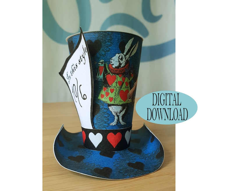 Alice in Wonderland Decoration, 3 Mad Hatter Mini Top Hat Template Including Unique Pattern, Rabbit Blowing, Tea Party, Favor, Os2B image 1