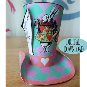 Alice in Wonderland Decoration, 3" Mad Hatter Mini Top Hat Template Including Unique Pattern, Queen Heart, Rabbit, Chess, Tea Party, Sw1A