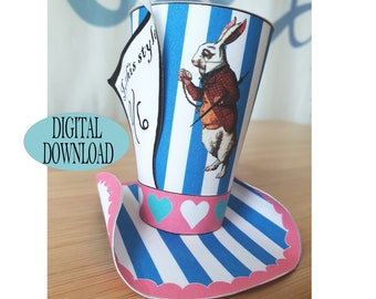 Alice in Wonderland Decoration, 3" Mad Hatter Mini Top Hat Template Including Unique Pattern, Blue Striped, Rabbit, Tea Party, Sw1A