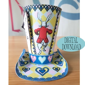 Alice in Wonderland Decoration, 3&quot; Mad Hatter Mini Top Hat Template Including Unique Pattern, Running Rabbit, Tea Party, Gs3C