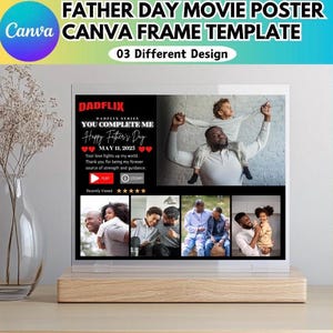 May include: A clear acrylic Father's Day movie poster frame with a wooden base. The poster features the text "DADFLIX" and "Happy Father's Day May 11, 2025". The image shows a father and child, with additional family photos below.