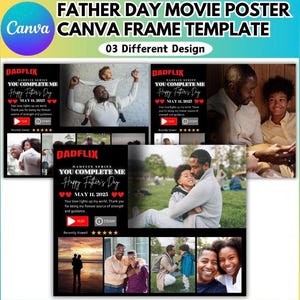 Può includere: Un modello Canva per un poster cinematografico per la festa del papà. Il design presenta il testo "DADFLIX" e "YOU COMPLETE ME" con la data "11 maggio 2025". Il poster include immagini di padri e figli, con una vivace combinazione di colori.