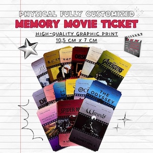 May include: A collection of physical fully customised memory movie tickets measuring 10.5 cm x 7 cm. The graphic prints feature various film titles like The Avengers, The Odyssey, and Spider-Man, styled with film strip borders and event details.