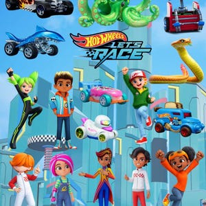 Puede incluir: Imagen vibrante con personajes y coches de juguete de Hot Wheels Let's Race. La escena incluye varios coches de juguete coloridos, un pulpo verde y varios personajes animados en poses dinámicas. El logotipo de Hot Wheels se muestra de forma destacada.