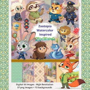 Zootopia Aquarell Clipart - 50 Bilderpaket (Digitaler Download) - Kommerzielle Nutzung