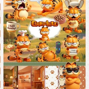 Puede incluir: Una colección de imágenes digitales con temática de Garfield. Las imágenes muestran al gato naranja en varias poses, sosteniendo lasaña y con el texto "I hate Mondays". Incluye fondos y un mando a distancia.