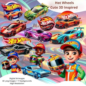 Könnte beinhalten: Eine lebendige digitale Illustration mit Hot Wheels-Autos in verschiedenen Farben, darunter Rot, Grün und Blau. Das Bild enthält auch Zeichentrickfiguren mit Hot Wheels-Hüten und Helmen. Der Text lautet "Hot Wheels Cute 3D Inspired."