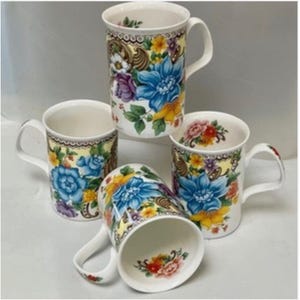 Roy Kirkham 4 Old Chelsea Sprays Floral Fine Bone China Mugs Made In England &#39;96